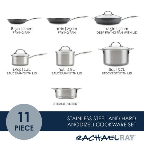 11- Piece Professional Hard-Anodized Nonstick and Induction Stainless Steel Cookware Set